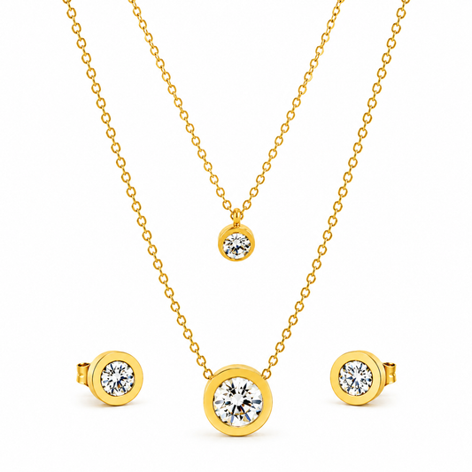Double Layer Bezel CZ 18K Gold-Plated Jewellery Set (3 Pcs)