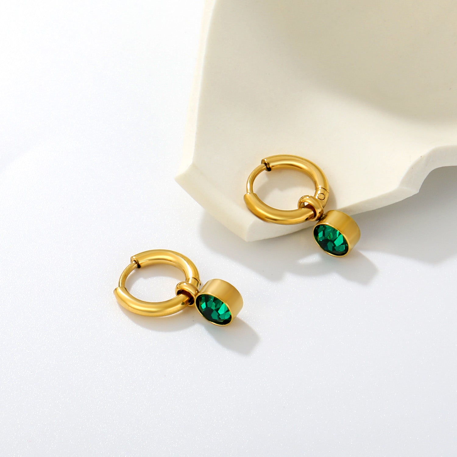 Green Zircon Charm Hoops flat lay – 18K gold plated by Twisty Locks