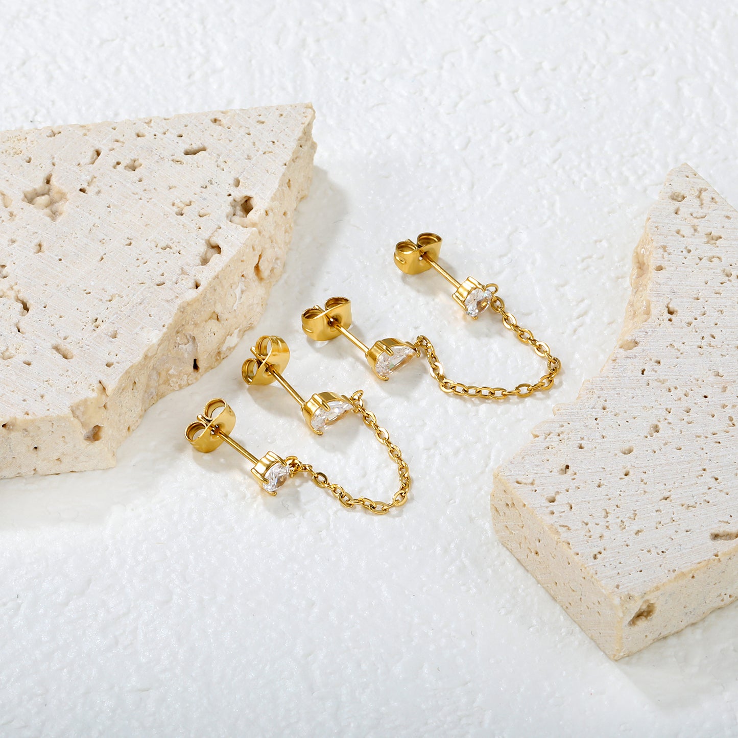 Double CZ Chain-Link Stud 18K Gold-Plated Earrings