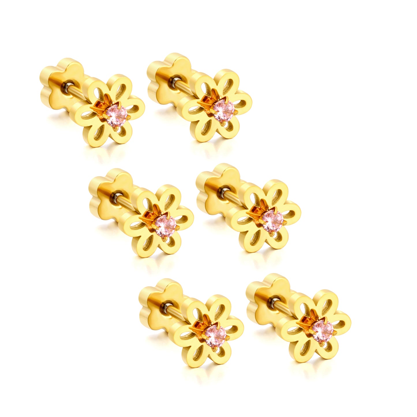 Pink Diamond Flower 18K Gold Plated Children's Earrings