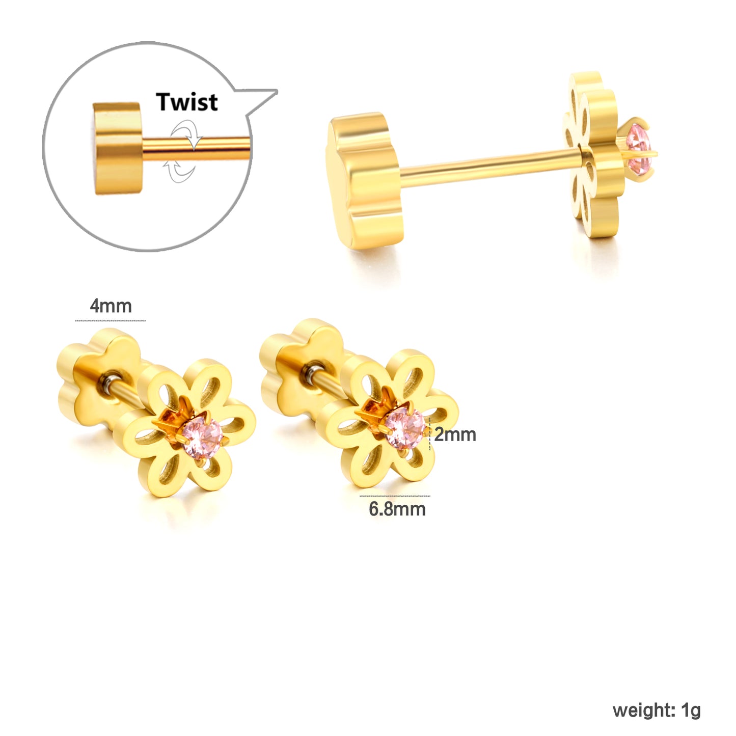 Pink Diamond Flower 18K Gold Plated Children's Earrings