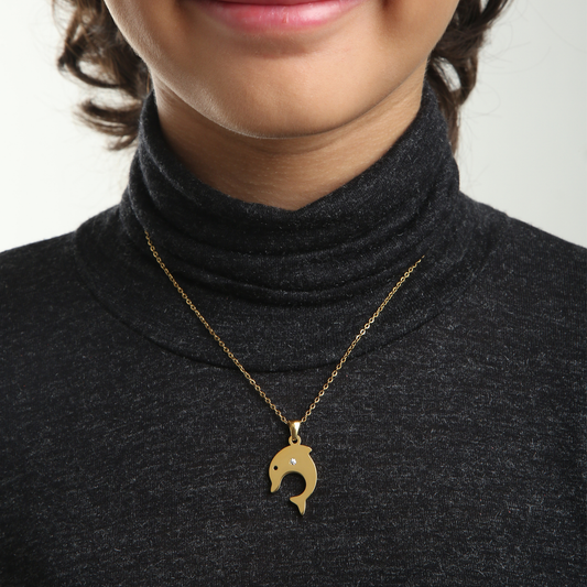 Sparkle Dolphin children's necklace close-up – delicate gold necklace by Twisty Locks