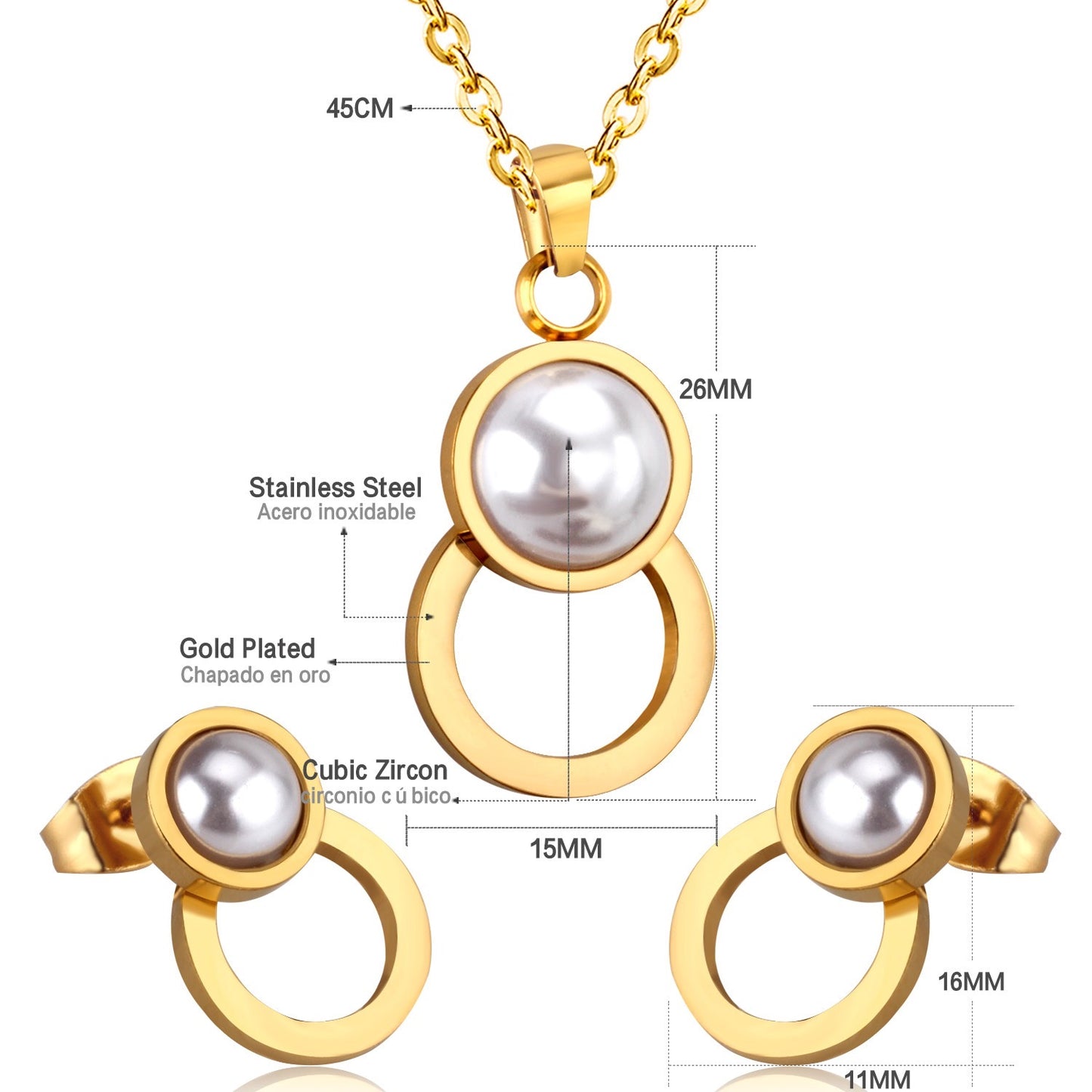 Pearl & Circle Drop 18K Gold-Plated Jewellery Set (3 Pcs)