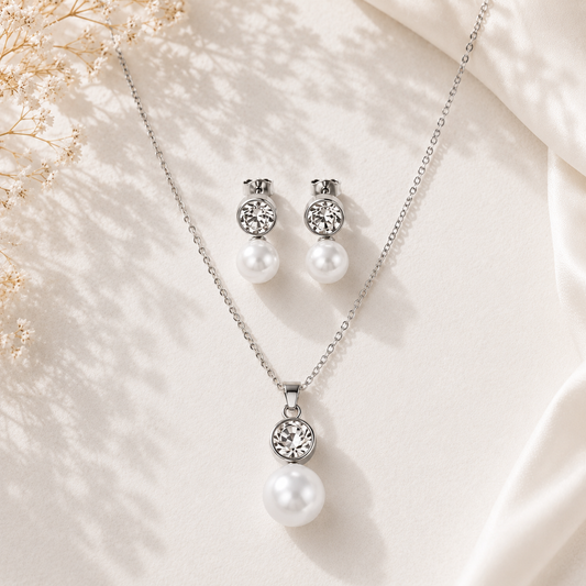 Pearl & Crystal Drop Jewellery Set (3 Pcs)