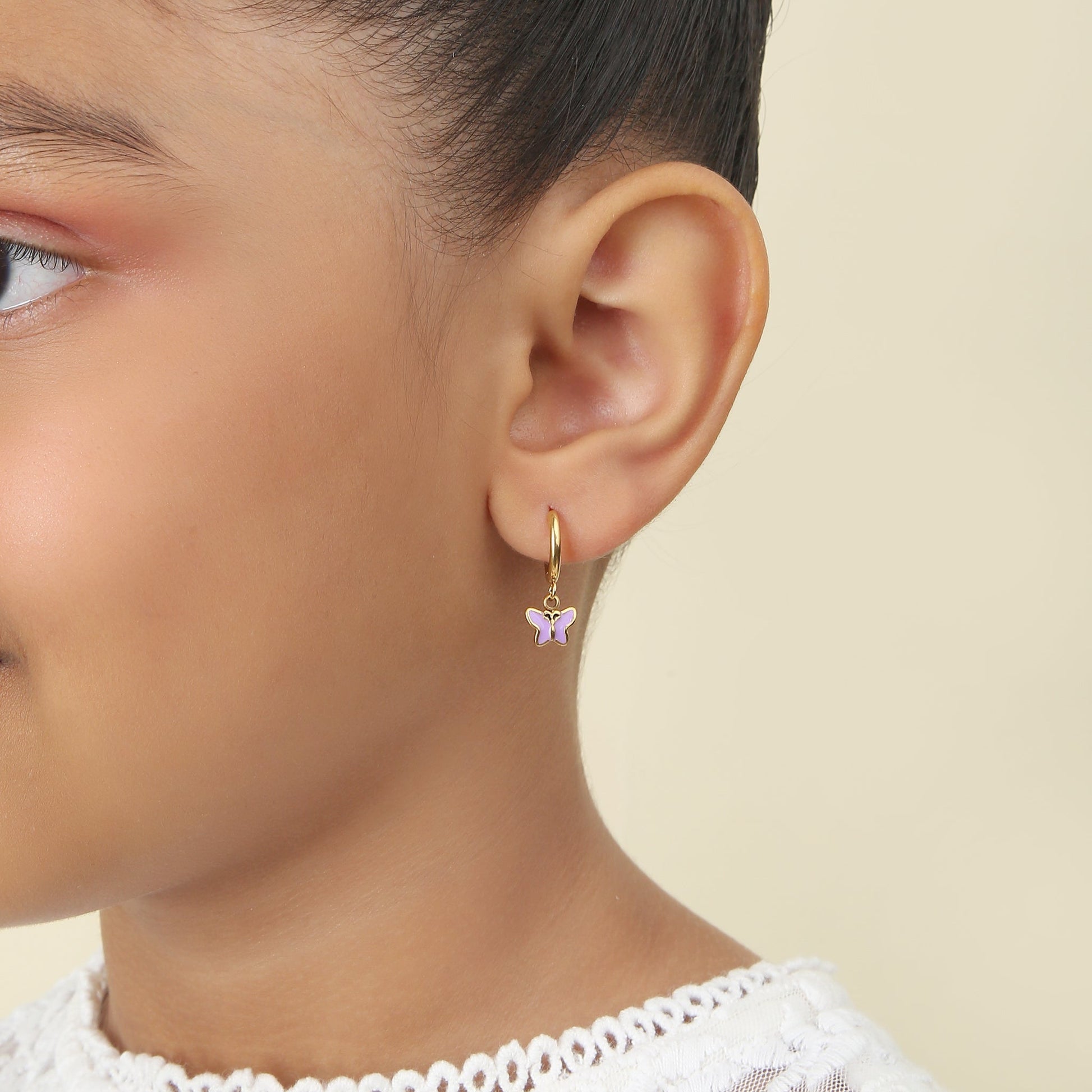 Butterfly Hoops gold earrings side angle – kids hoop earrings by Twisty Locks