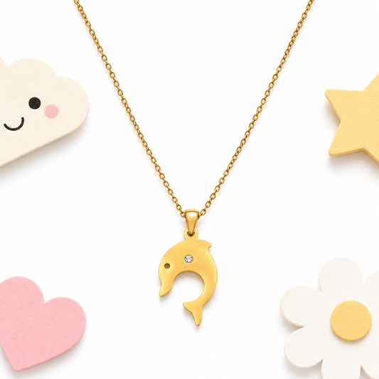 Sparkle Dolphin 18K gold necklace for kids – playful ocean gift by Twisty Locks