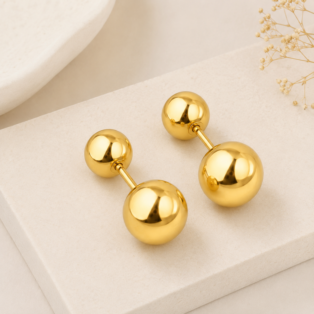Double Ball Stud earrings detail – everyday gold earrings India by Twisty Locks