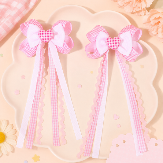 Gingham Ribbon Tail Hair Clips for girls – classic check design by Twisty Locks