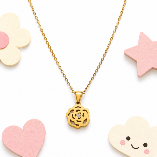 Sparkle Rose 18K gold necklace for kids – floral gift by Twisty Locks