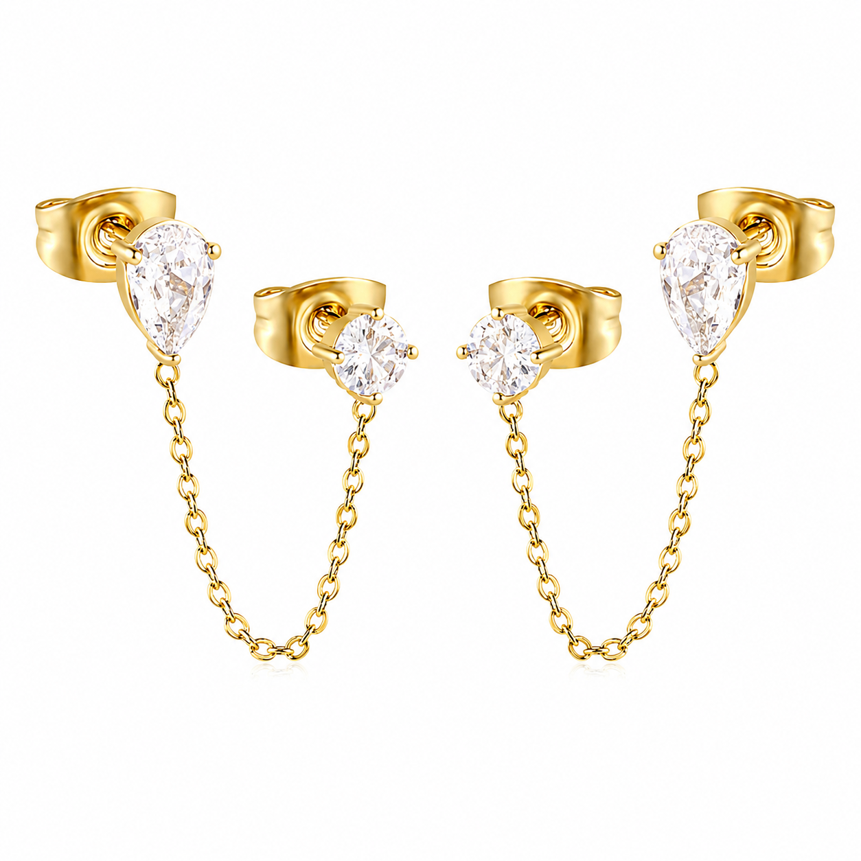 Double CZ Chain-Link Stud 18K gold-plated earrings for women – pear & round CZ by Twisty Locks