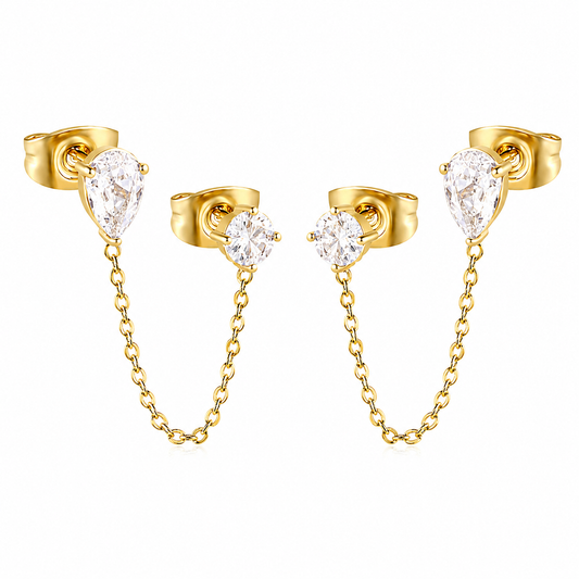 Double CZ Chain-Link Stud 18K gold-plated earrings for women – pear & round CZ by Twisty Locks