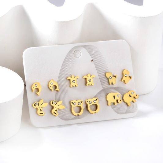Cute Animals Sparkle 18K Gold Plated Earrings Set of 6 - Twisty Locks  - Kids and Women Hair Accessories, Fashion Clothing and Jewellery India