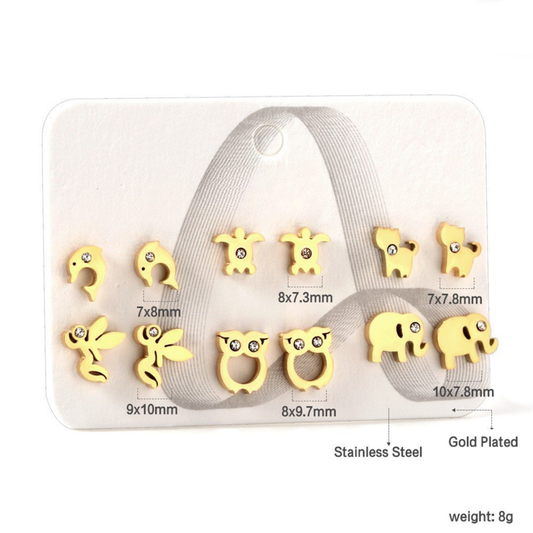 Cute Animals Sparkle 18K Gold Plated Earrings Set of 6 - Twisty Locks  - Kids and Women Hair Accessories, Fashion Clothing and Jewellery India