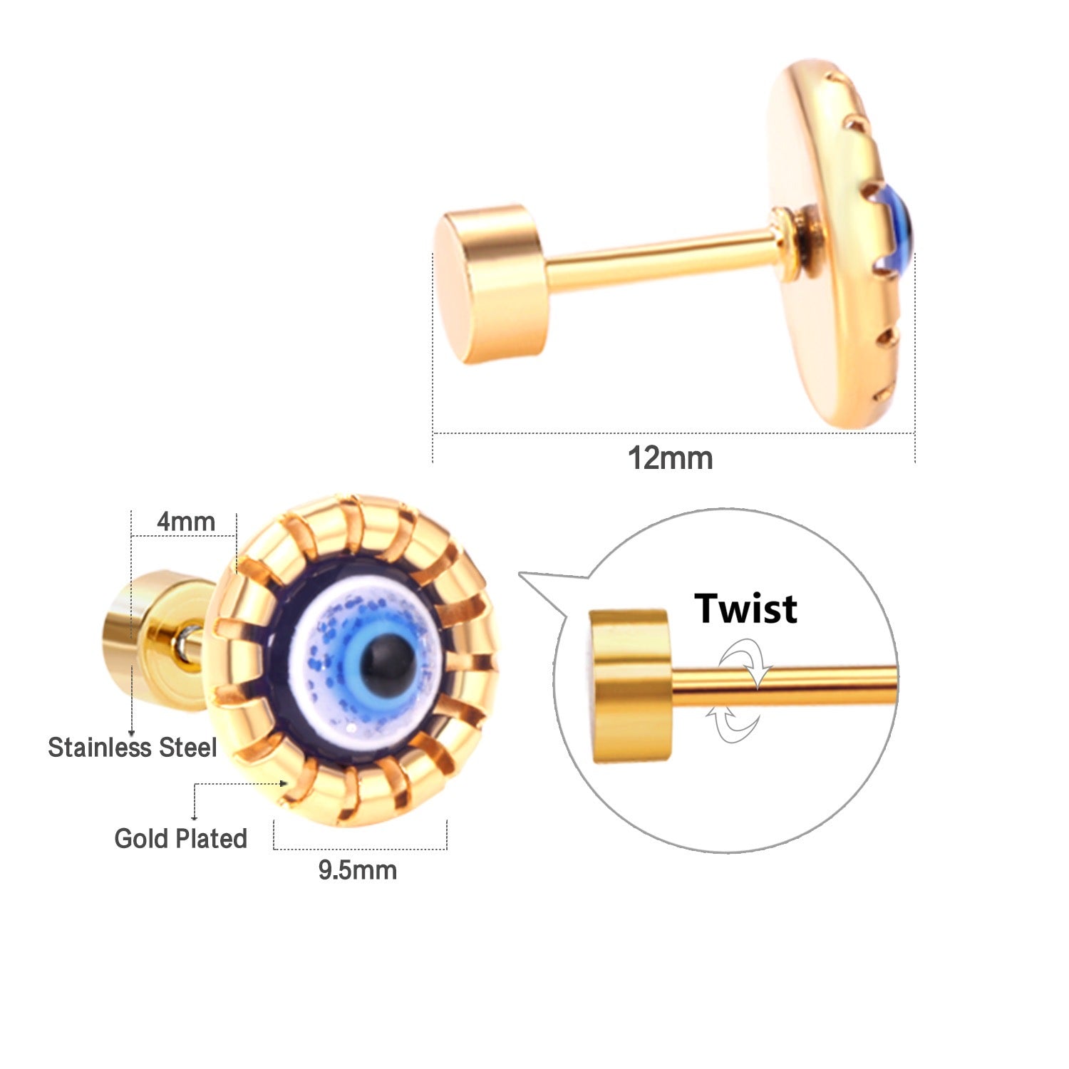 Cute Evil Eye 18K Gold Plated Children's Earrings - Twisty Locks  - Kids and Women Hair Accessories, Fashion Clothing and Jewellery India