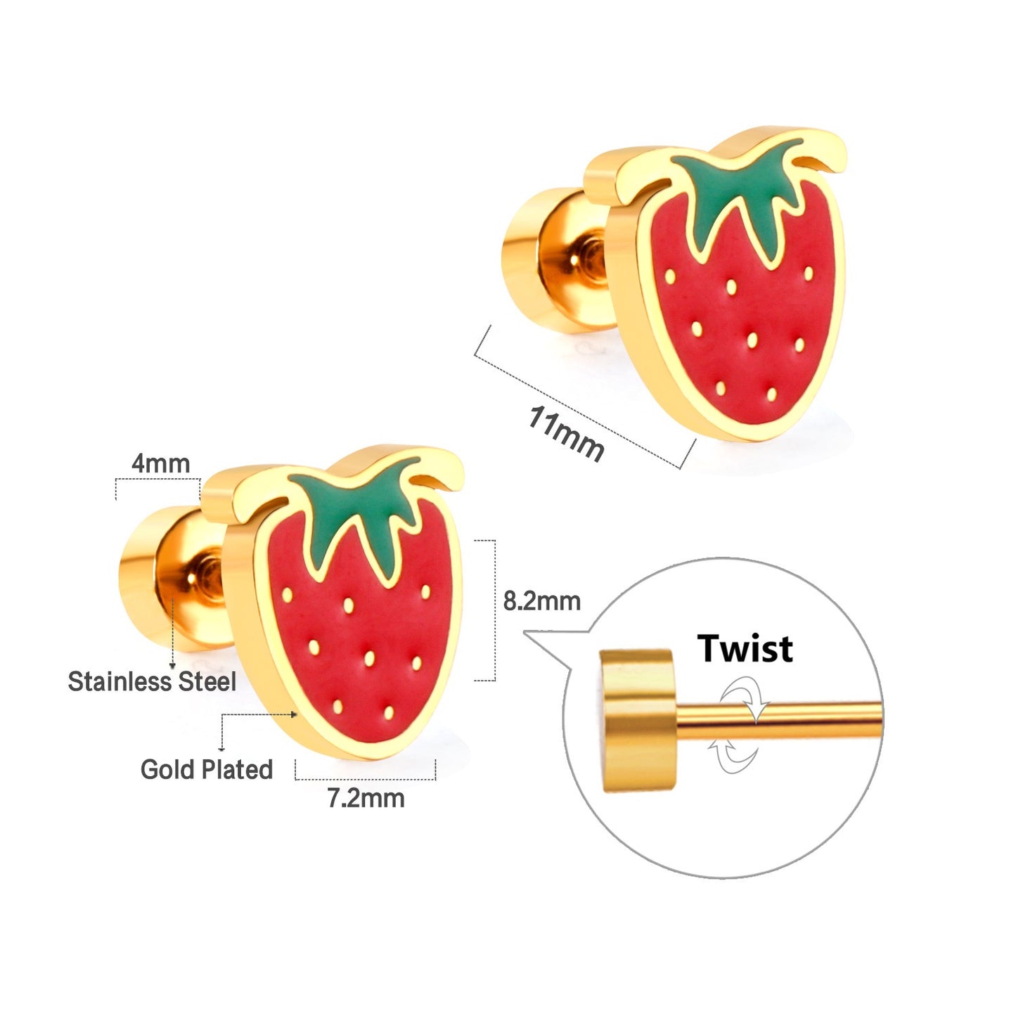 Cute Strawberry 18K Gold Plated Children's Earrings - Twisty Locks  - Kids and Women Hair Accessories, Fashion Clothing and Jewellery India