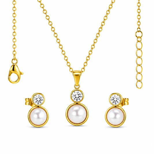Pearl & CZ Drop 18K Gold-Plated Jewellery Set (3 Pcs)