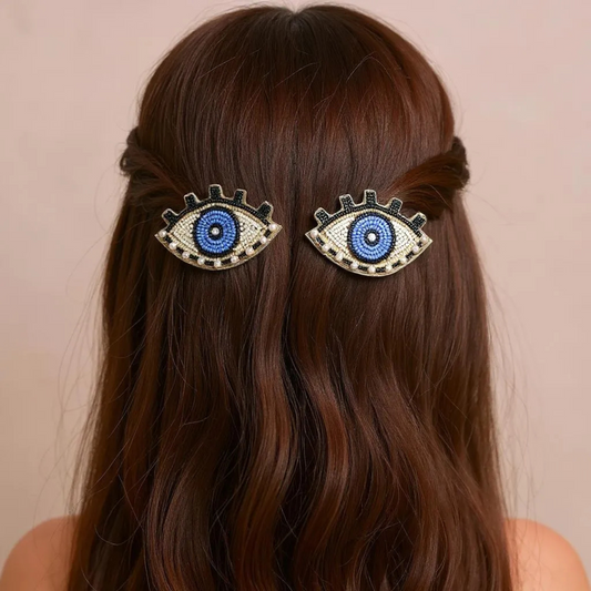 Evil Eye Embroidered Hair Clips Set - Twisty Locks  - Kids and Women Hair Accessories, Fashion Clothing and Jewellery India