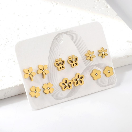 Floral Sparkle 18K Gold Plated Children's Earrings Set of 6 - Twisty Locks  - Kids and Women Hair Accessories, Fashion Clothing and Jewellery India