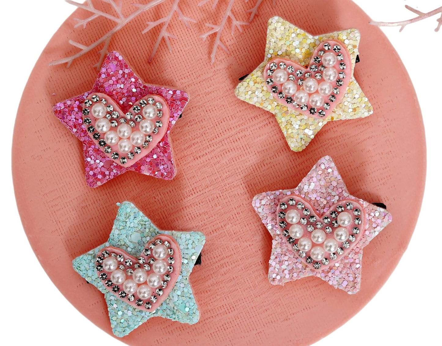 Glitter Heart & Star Clips - Set of 4 - Twisty Locks  - Kids and Women Hair Accessories, Fashion Clothing and Jewellery India