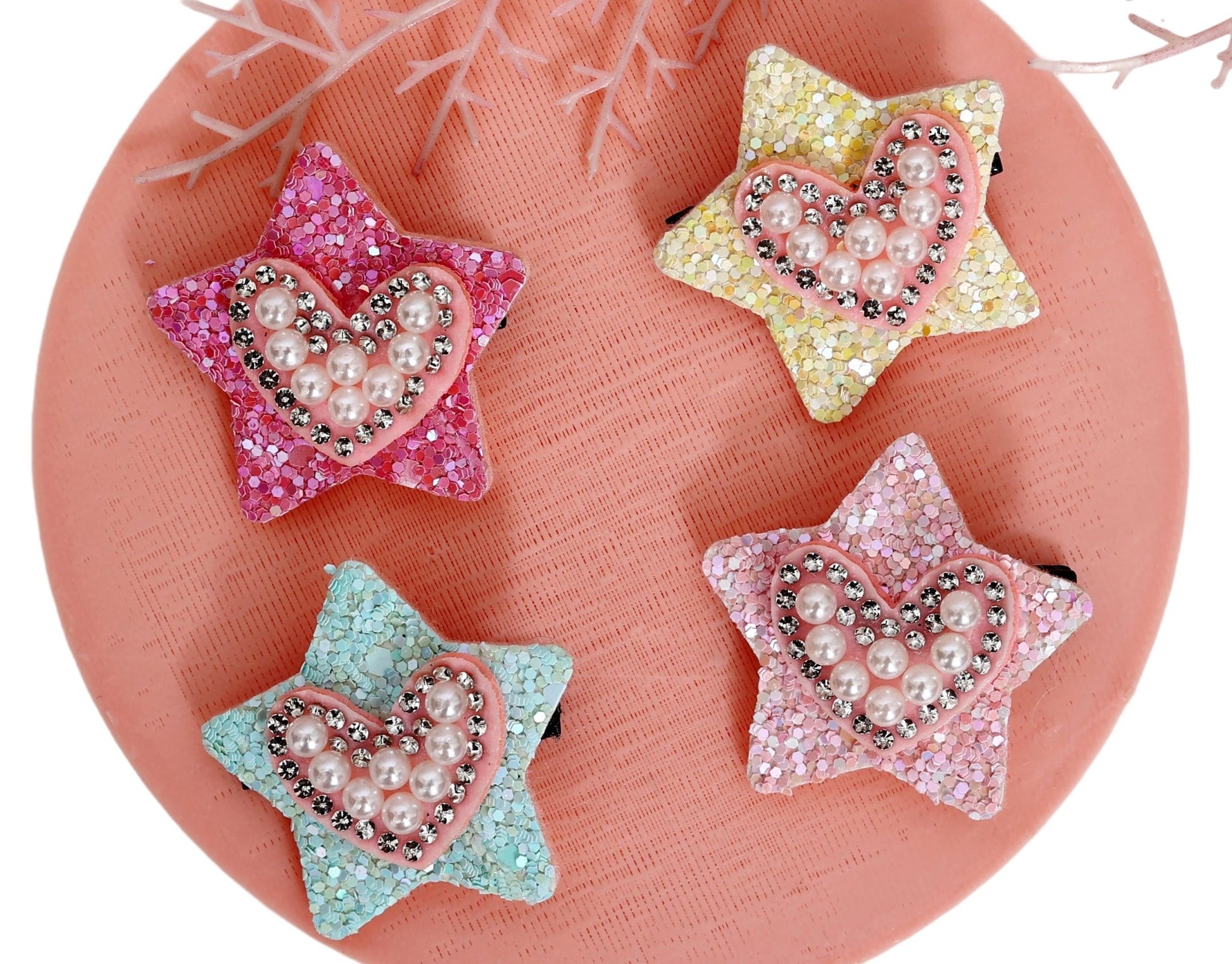 Glitter Heart & Star Clips - Set of 4 - Twisty Locks  - Kids and Women Hair Accessories, Fashion Clothing and Jewellery India