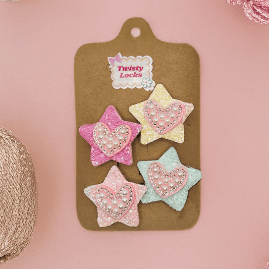 Glitter Heart & Star Clips - Set of 4 - Twisty Locks  - Kids and Women Hair Accessories, Fashion Clothing and Jewellery India