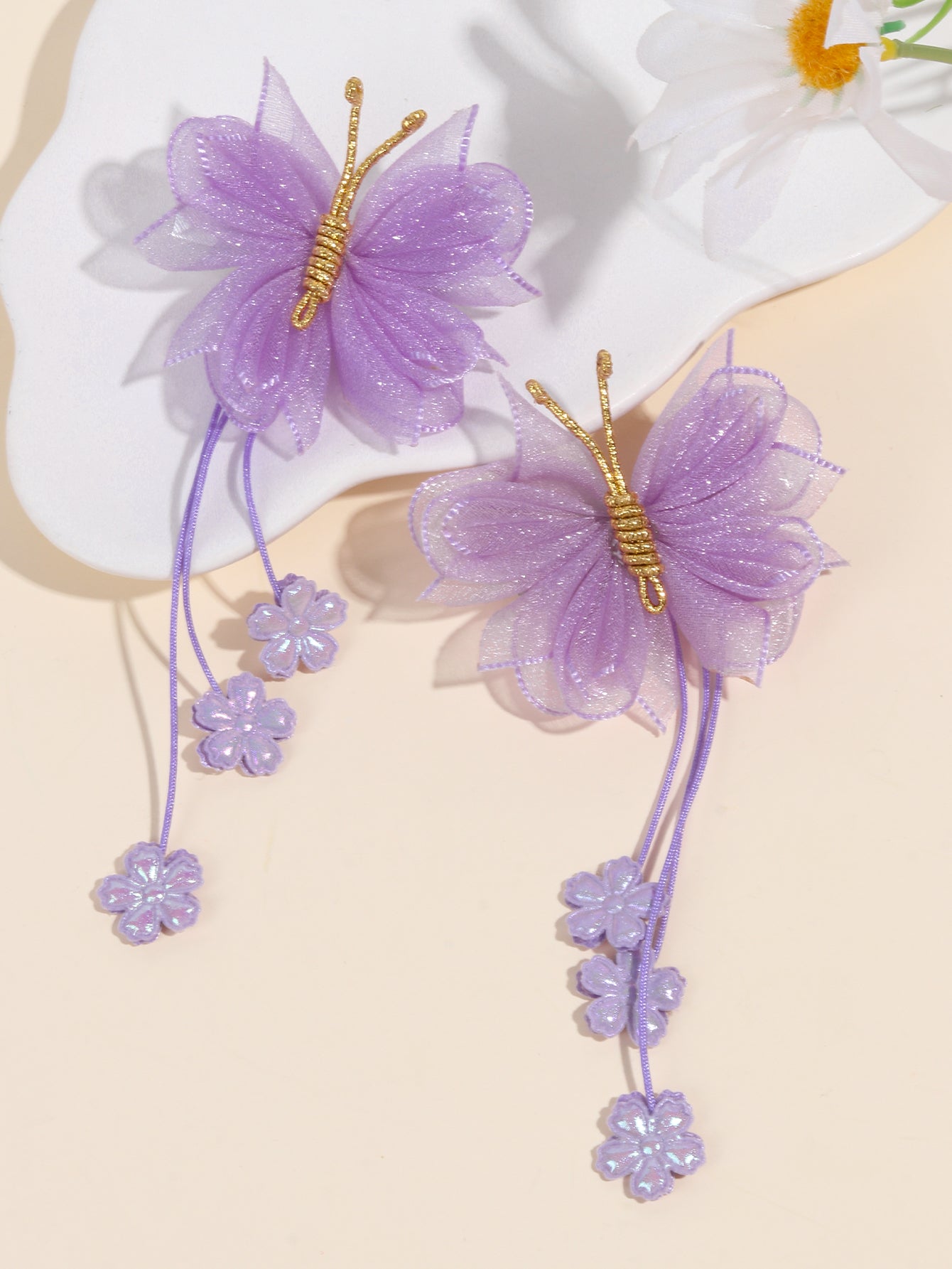 Lavender Organza Butterfly Clips with Floral Tail - Set of 2 - Twisty Locks  - Kids and Women Hair Accessories, Fashion Clothing and Jewellery India