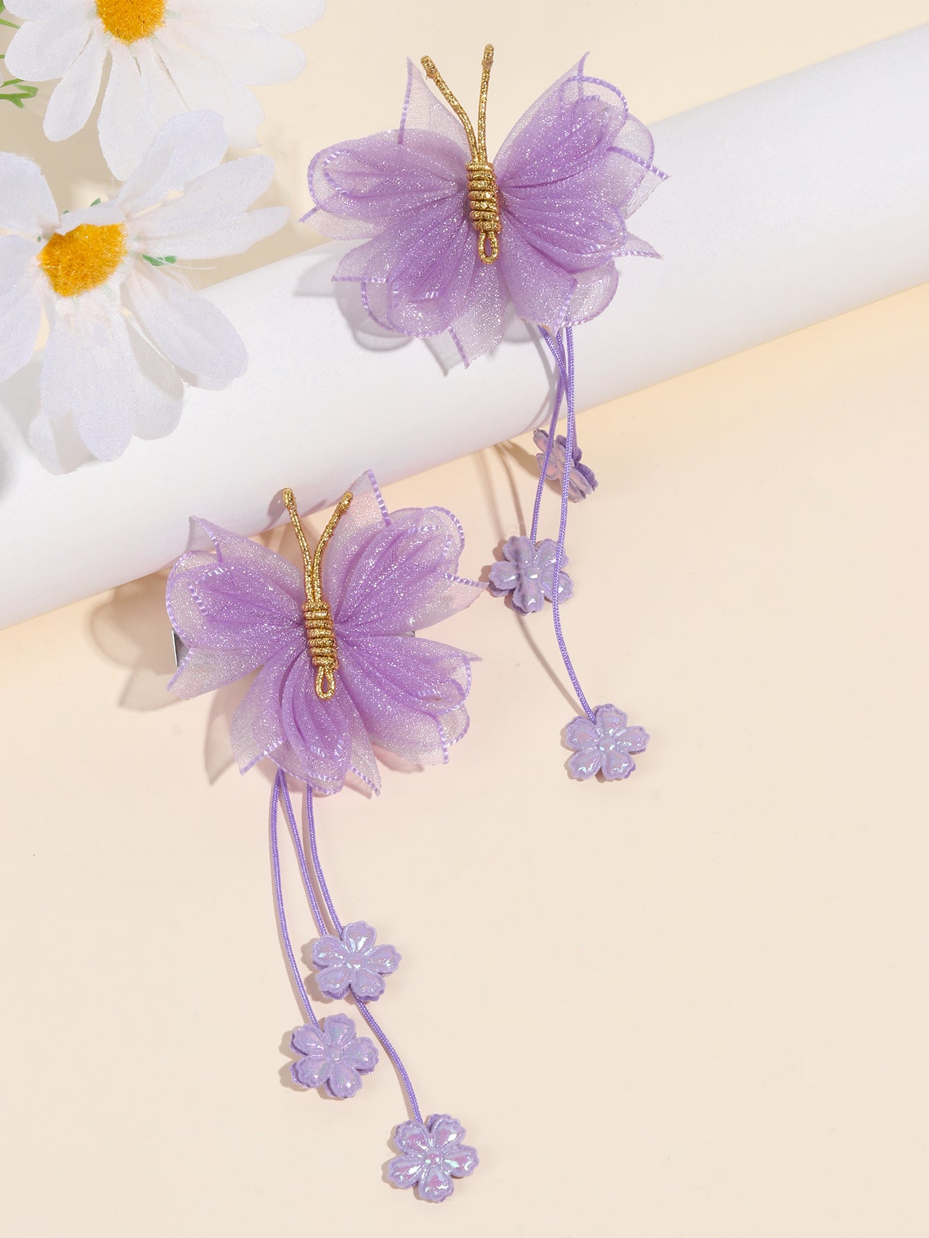 Lavender Organza Butterfly Clips with Floral Tail - Set of 2 - Twisty Locks  - Kids and Women Hair Accessories, Fashion Clothing and Jewellery India