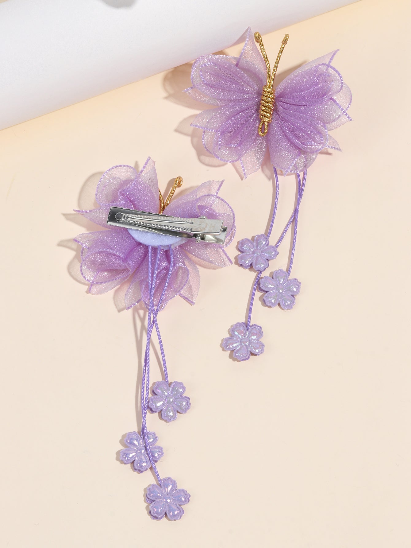 Lavender Organza Butterfly Clips with Floral Tail - Set of 2 - Twisty Locks  - Kids and Women Hair Accessories, Fashion Clothing and Jewellery India
