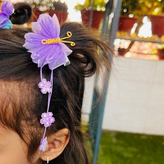 Lavender Organza Butterfly Clips with Floral Tail - Set of 2 - Twisty Locks  - Kids and Women Hair Accessories, Fashion Clothing and Jewellery India