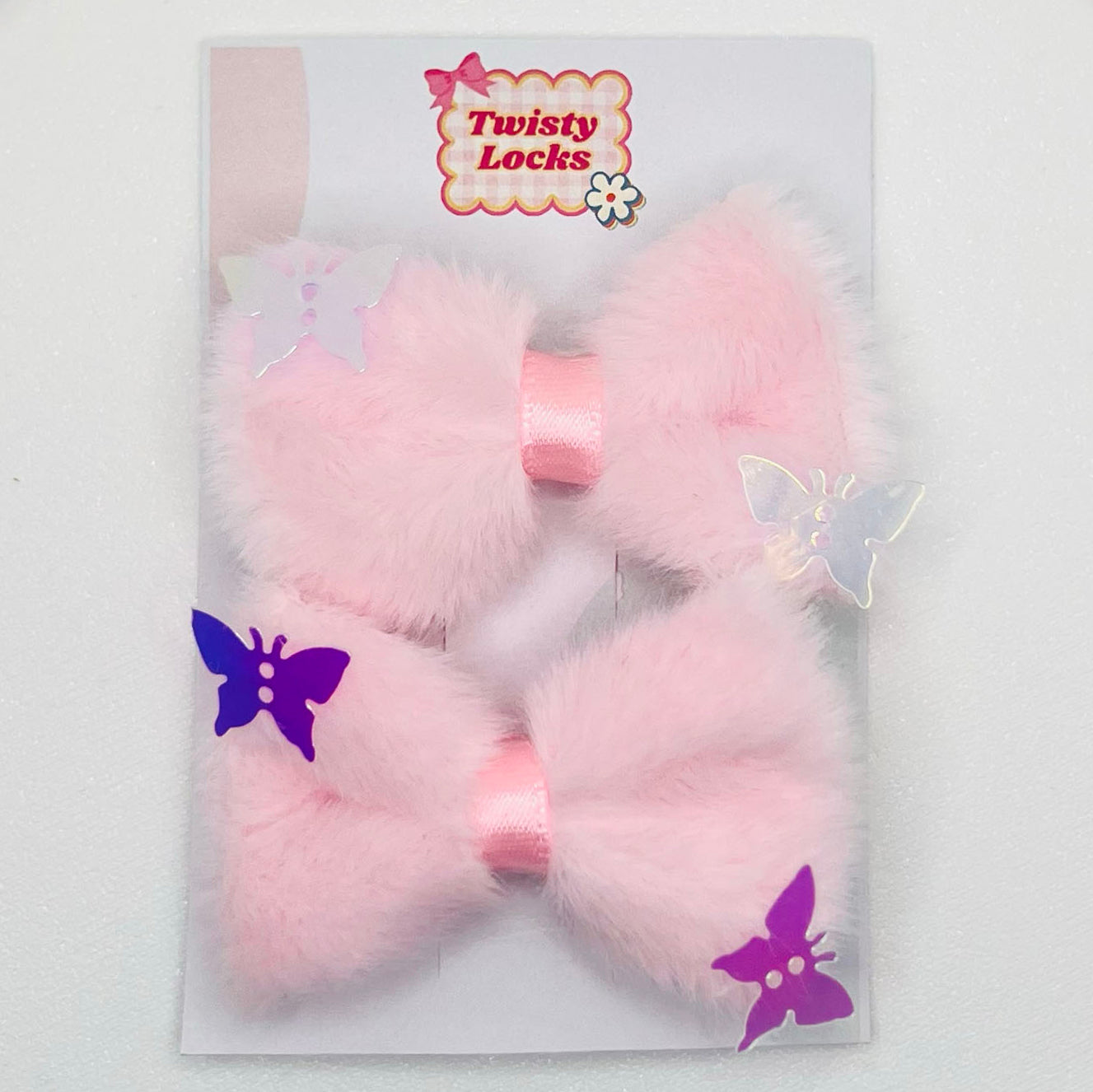Light Pink Furry Bow Clips - Set of 2 - Twisty Locks  - Kids and Women Hair Accessories, Fashion Clothing and Jewellery India