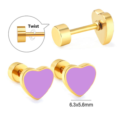 Lavender Heart gold earrings detail view – poke free kids earrings by Twisty Locks