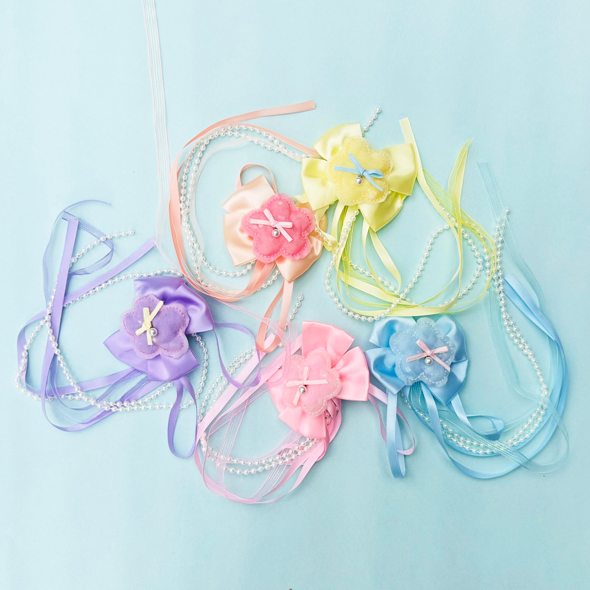 Peach Ribbon & Pearl Tail Flower Bows - Set of 2 - Twisty Locks  - Kids and Women Hair Accessories, Fashion Clothing and Jewellery India