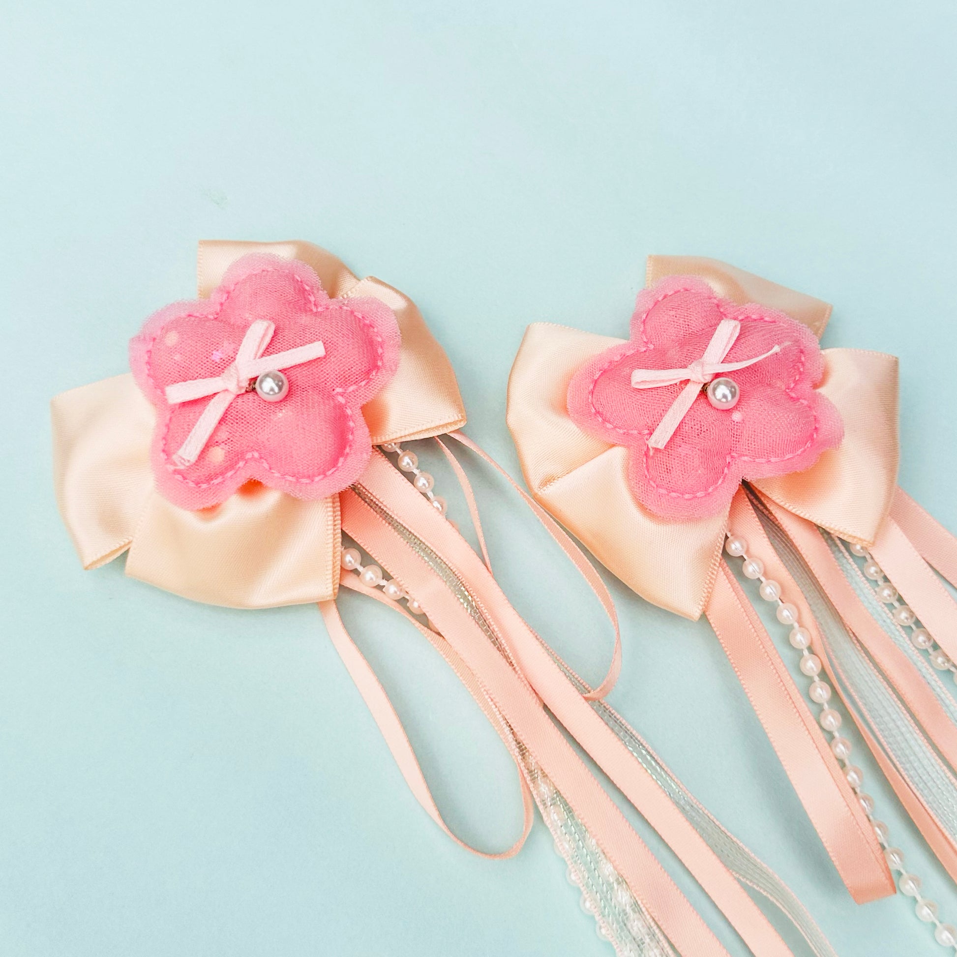 Peach Ribbon & Pearl Tail Flower Bows - Set of 2 - Twisty Locks  - Kids and Women Hair Accessories, Fashion Clothing and Jewellery India