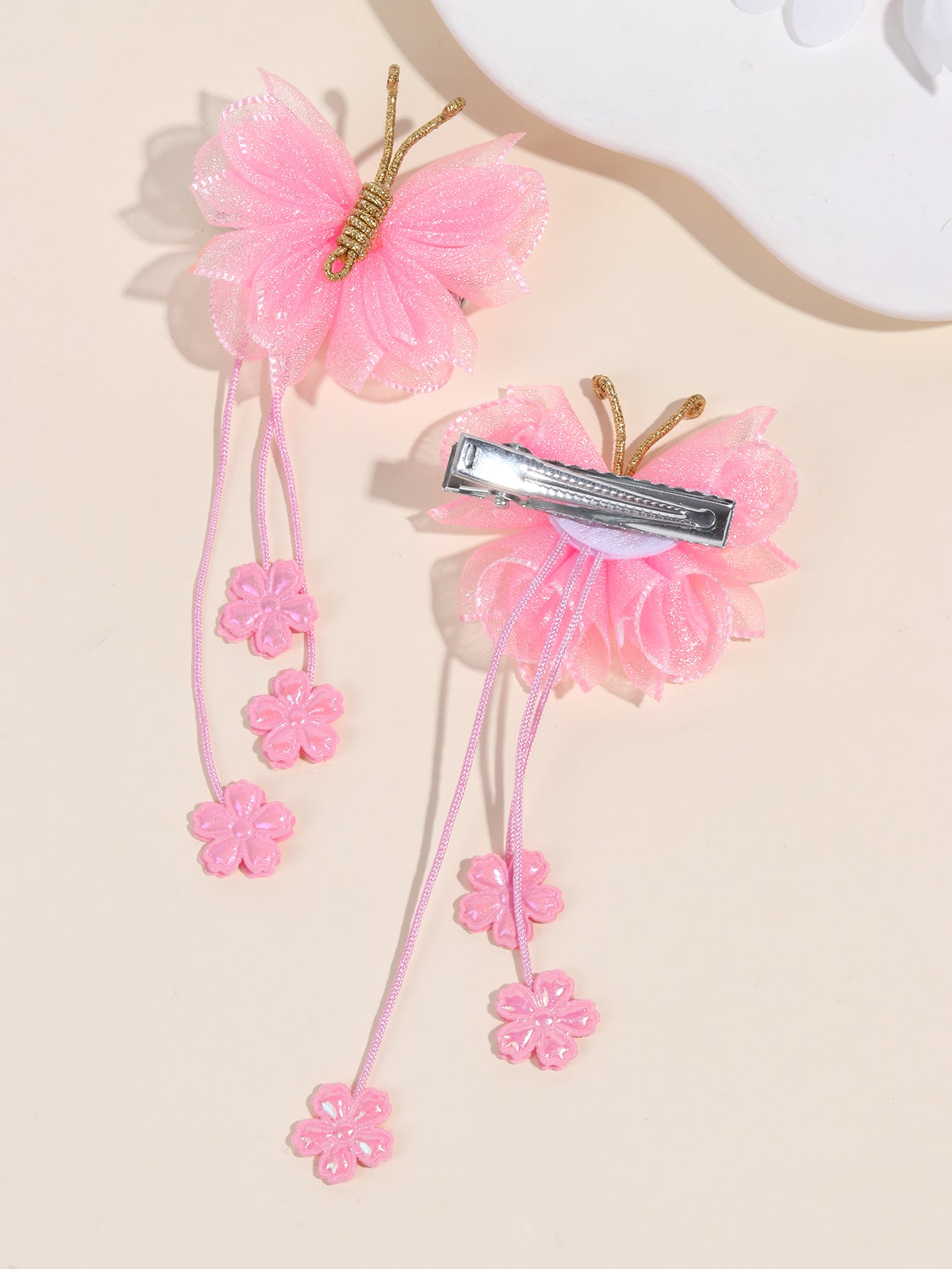 Pink Organza Butterfly Clips with Floral Tail - Set of 2 - Twisty Locks  - Kids and Women Hair Accessories, Fashion Clothing and Jewellery India