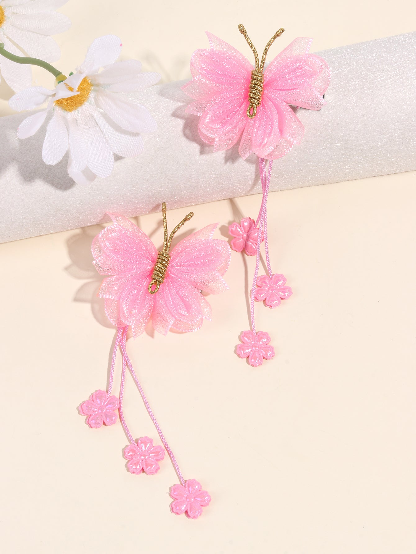 Pink Organza Butterfly Clips with Floral Tail - Set of 2 - Twisty Locks  - Kids and Women Hair Accessories, Fashion Clothing and Jewellery India