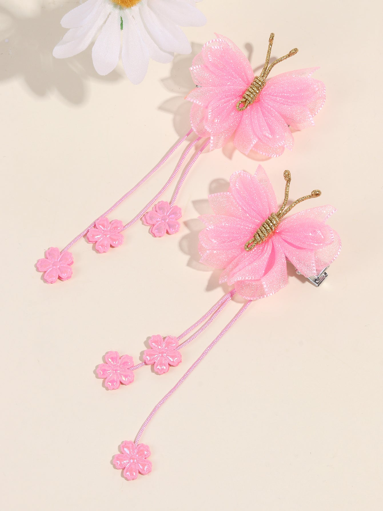 Pink Organza Butterfly Clips with Floral Tail - Set of 2 - Twisty Locks  - Kids and Women Hair Accessories, Fashion Clothing and Jewellery India