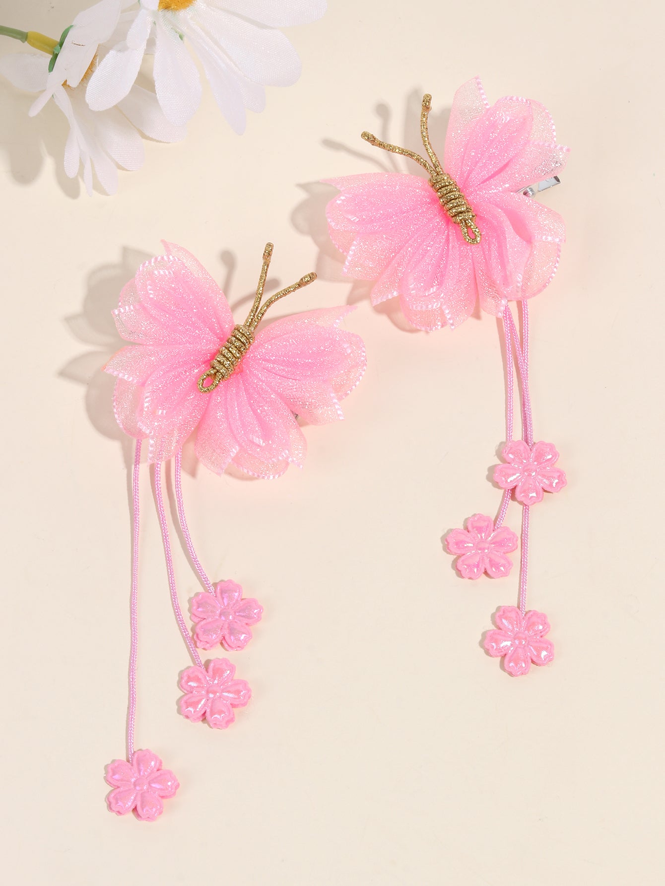Pink Organza Butterfly Clips with Floral Tail - Set of 2 - Twisty Locks  - Kids and Women Hair Accessories, Fashion Clothing and Jewellery India