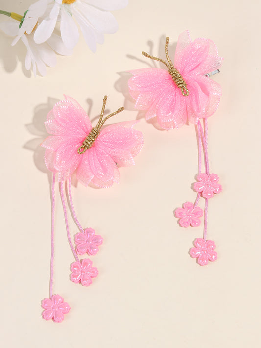 Pink Organza Butterfly Clips with Floral Tail - Set of 2 - Twisty Locks  - Kids and Women Hair Accessories, Fashion Clothing and Jewellery India