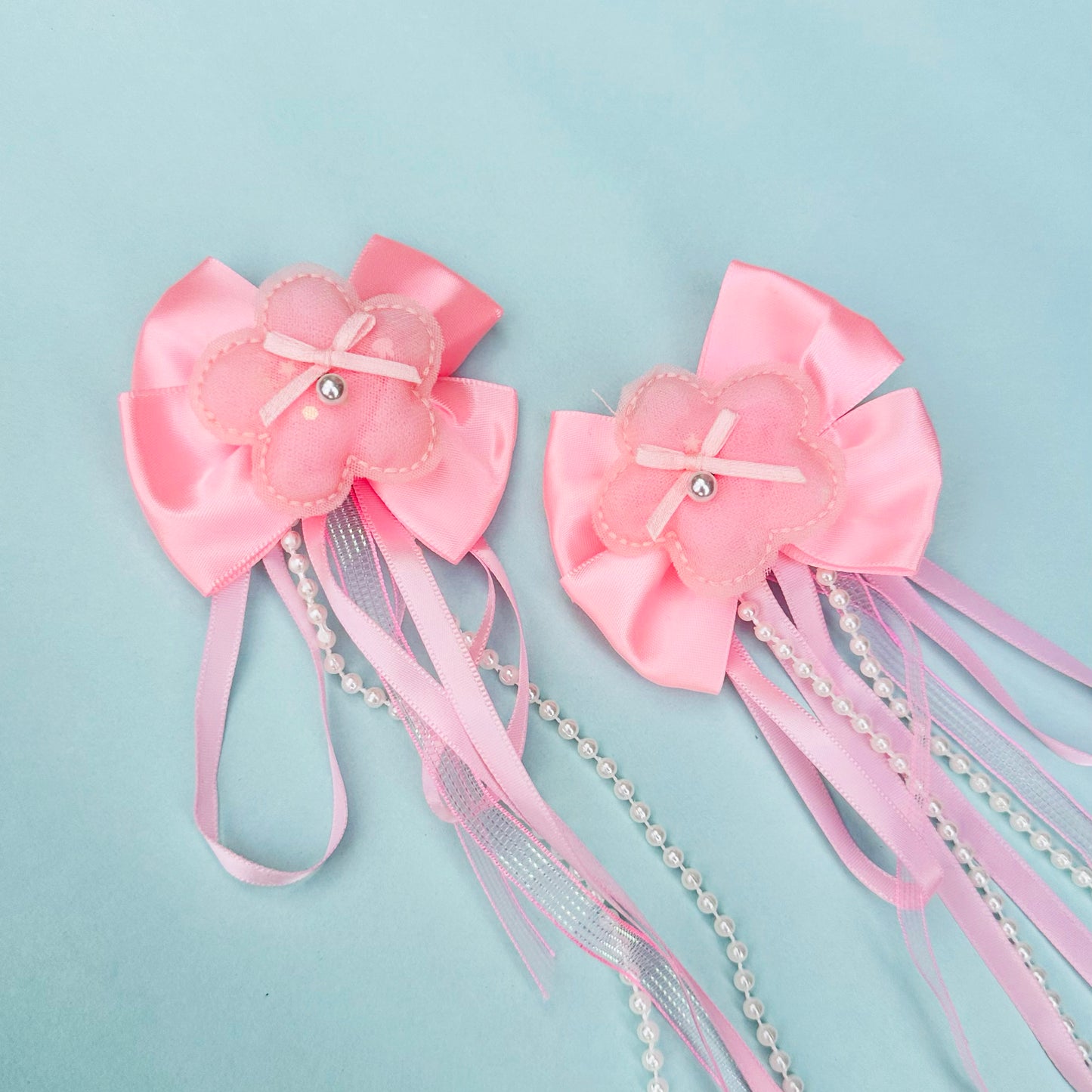 Pink Ribbon & Pearl Tail Flower Bows - Set of 2 - Twisty Locks  - Kids and Women Hair Accessories, Fashion Clothing and Jewellery India