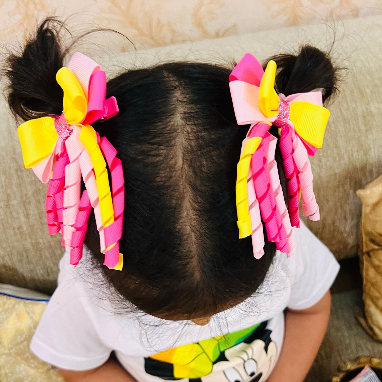 Ribbons Bow Hair Clips - Yellow & Pink - Set of 2 - Twisty Locks  - Kids and Women Hair Accessories, Fashion Clothing and Jewellery India