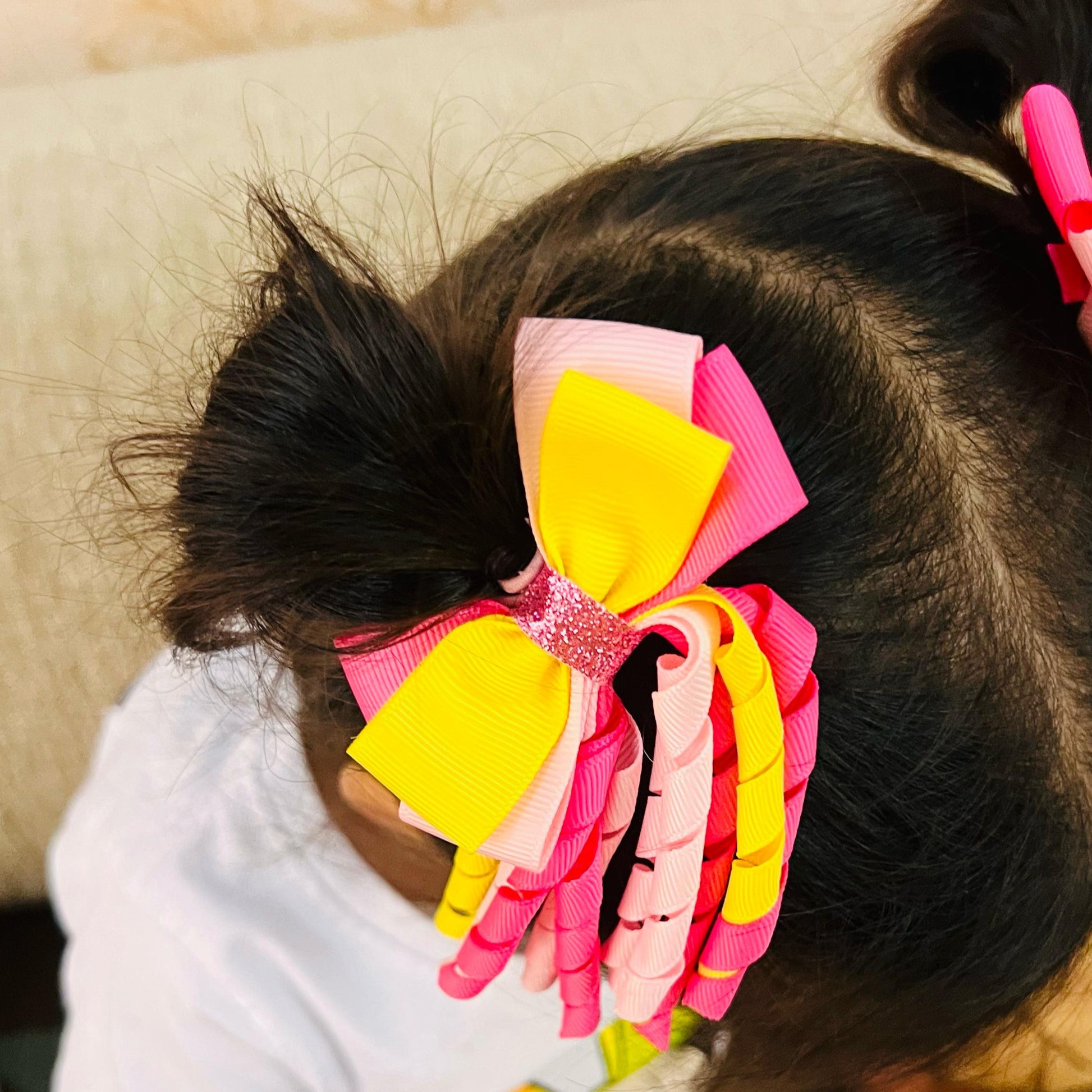 Ribbons Bow Hair Clips - Yellow & Pink - Set of 2 - Twisty Locks  - Kids and Women Hair Accessories, Fashion Clothing and Jewellery India