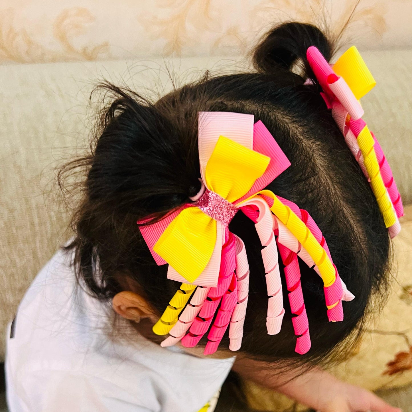 Ribbons Bow Hair Clips - Yellow & Pink - Set of 2 - Twisty Locks  - Kids and Women Hair Accessories, Fashion Clothing and Jewellery India