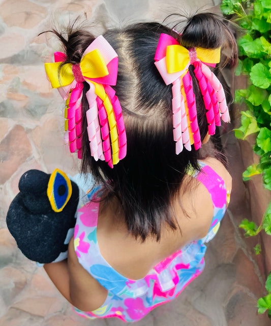 Ribbons Bow Hair Clips - Yellow & Pink - Set of 2 - Twisty Locks  - Kids and Women Hair Accessories, Fashion Clothing and Jewellery India