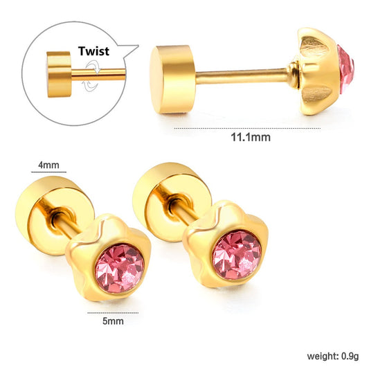 Ruby Flower gold earrings detail – ruby red floral charm close-up by Twisty Locks