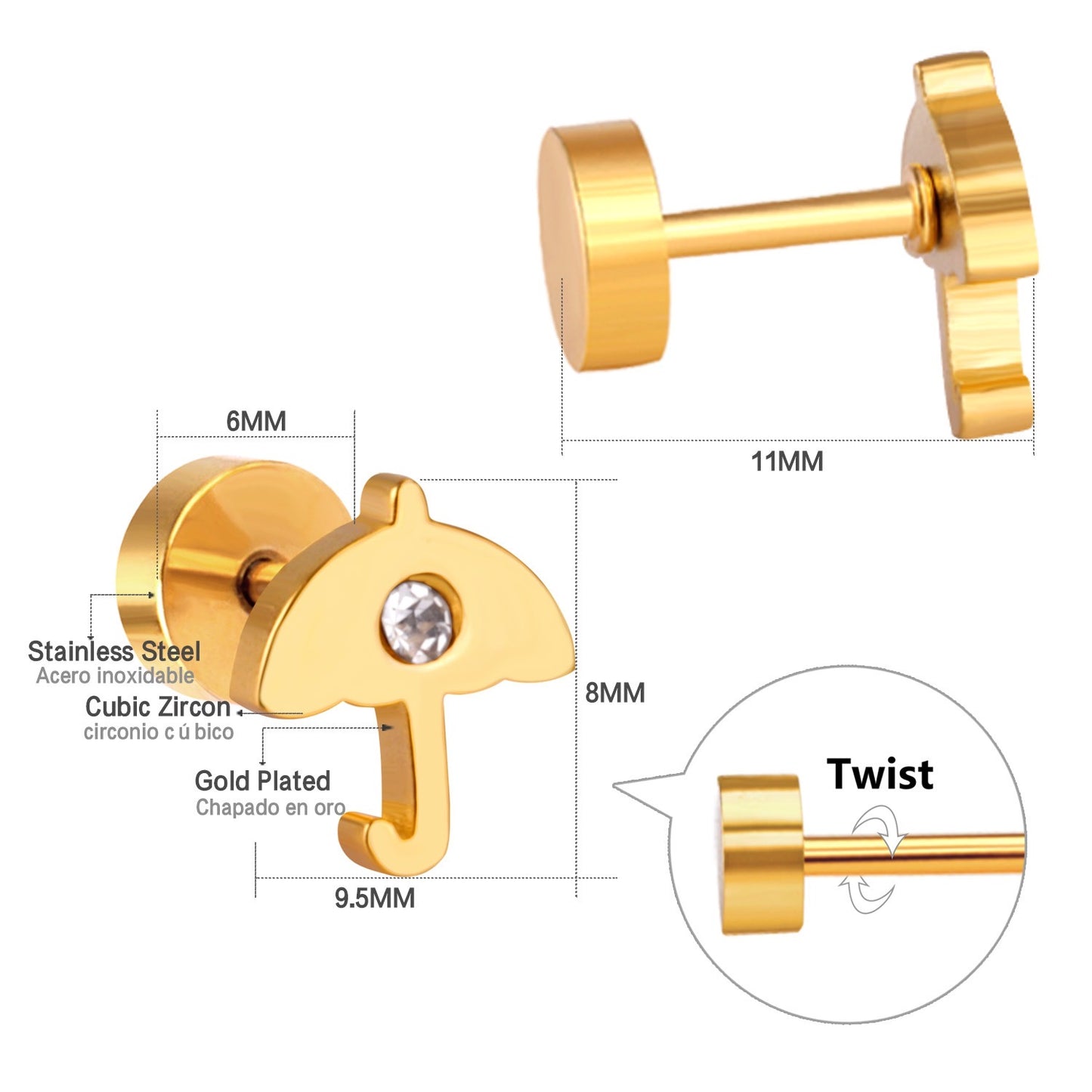 Sparkle Umbrella 18K Gold Plated Children's Earrings - Twisty Locks  - Kids and Women Hair Accessories, Fashion Clothing and Jewellery India