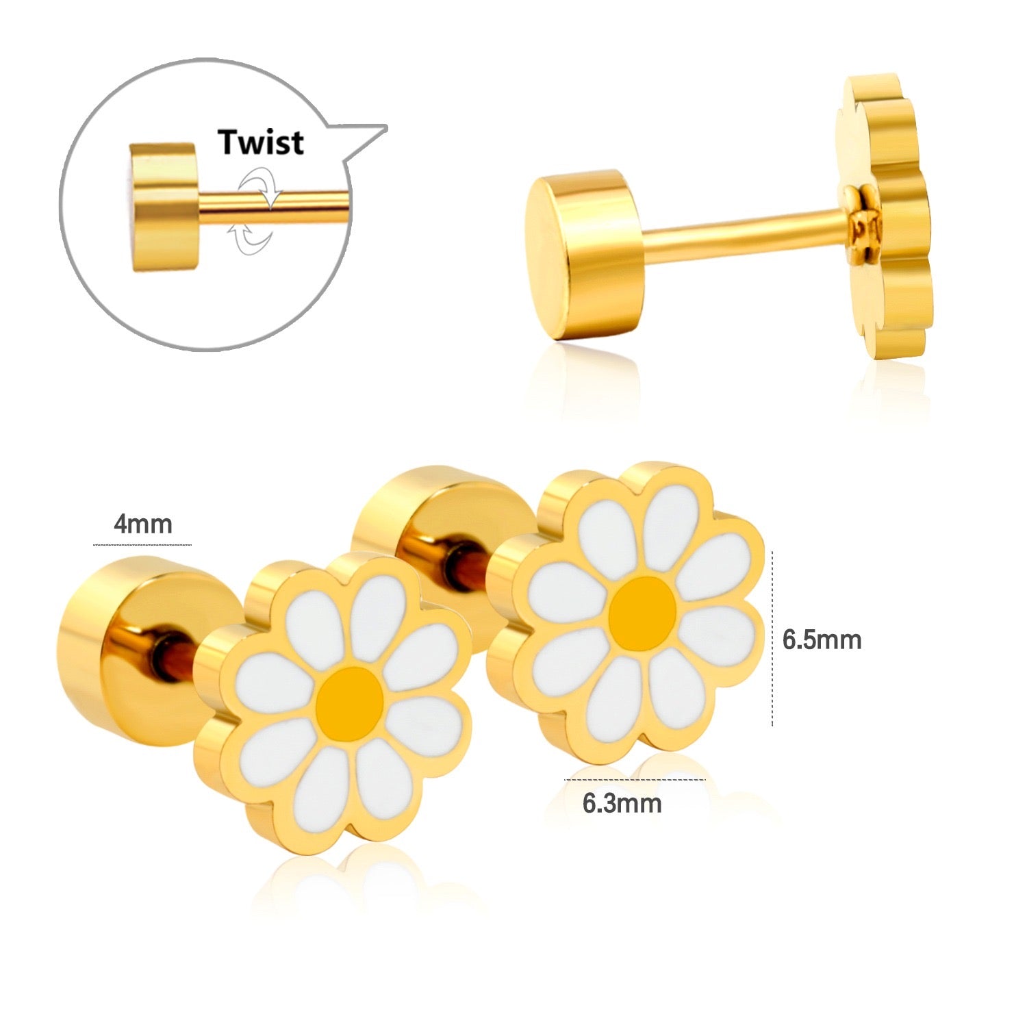 White Daisy 18K Gold Plated Children's Earrings - Twisty Locks  - Kids and Women Hair Accessories, Fashion Clothing and Jewellery India