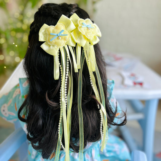 Yellow Ribbon & Pearl Tail Flower Bows Set of 2 – main product shot by Twisty Locks
