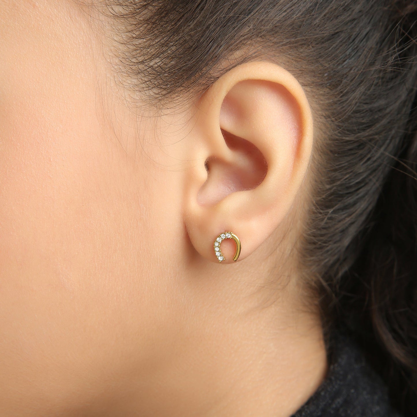 Sparkle Horseshoe kids earrings on model – gold jewellery for little ones by Twisty Locks